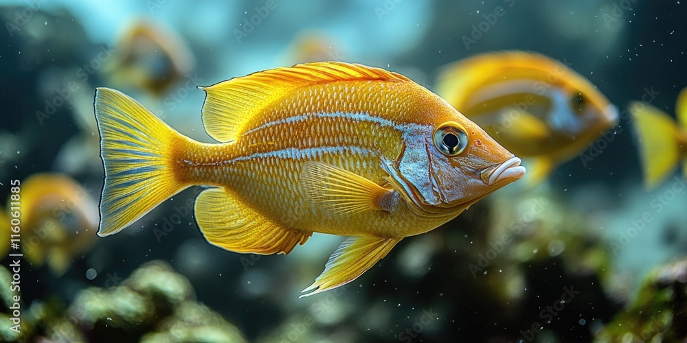 A close-up view of a fish swimming in its aquatic environment A close-up view of a fish swimming in its aquatic environment