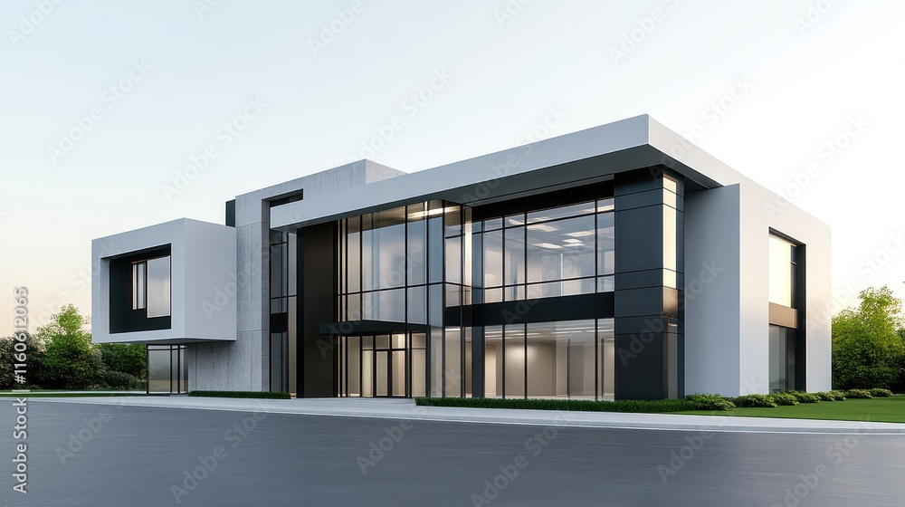 Modern architectural building with large glass windows and sleek design. Modern architectural building with large glass windows and sleek design.