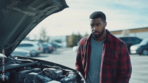 Car with engine misfiring in a parking lot. Featuring a driver looking concerned