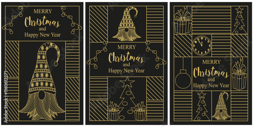 Set vertical Merry Christmas and Happy New Year poster cover template. Perfect Luxury golden holiday brochure theme. Vector illustration in trendy line style. EPS 10 