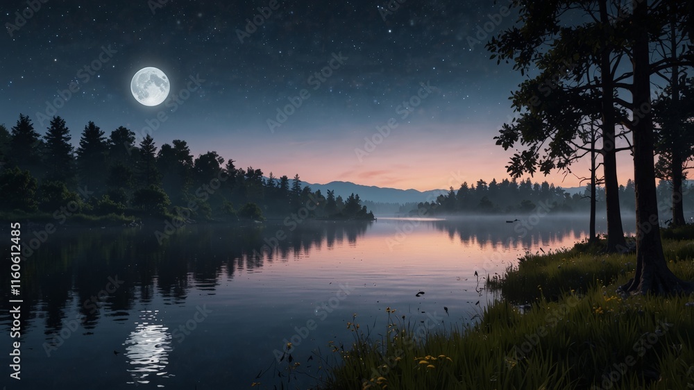 A serene night landscape featuring a full moon reflecting on a calm lake surrounded by a dark forest. A serene night landscape featuring a full moon reflecting on a calm lake surrounded by a dark forest.
