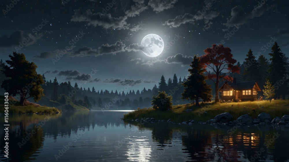 A serene night landscape featuring a full moon reflecting on a calm lake surrounded by a dark forest. A serene night landscape featuring a full moon reflecting on a calm lake surrounded by a dark forest.