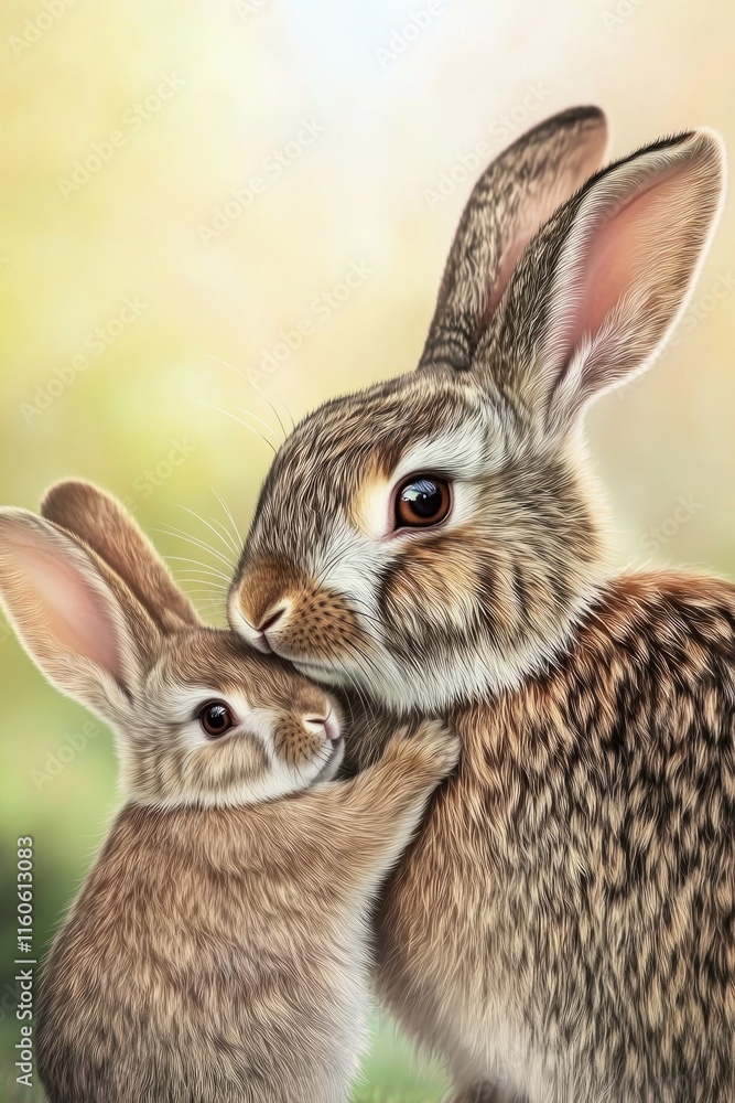 Fototapeta premium Two rabbits stand side by side in a natural setting