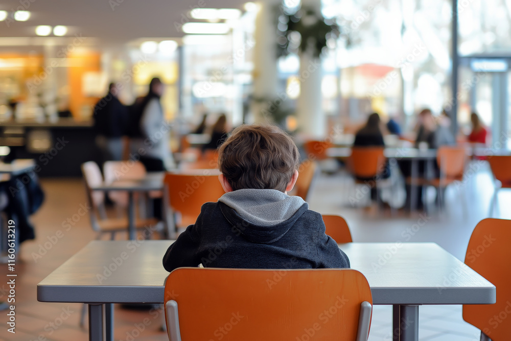 A lonely child sitting in the corner of a cafeteria while others gather in groups. A lonely child sitting in the corner of a cafeteria while others gather in groups.