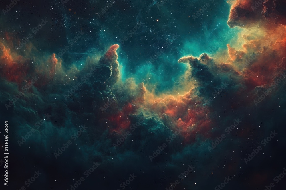 Obraz premium Colorful clouds swirl in a vast expanse of deep space, illuminated by twinkling stars, showcasing the beauty and mystery of the universe during a serene cosmic moment.