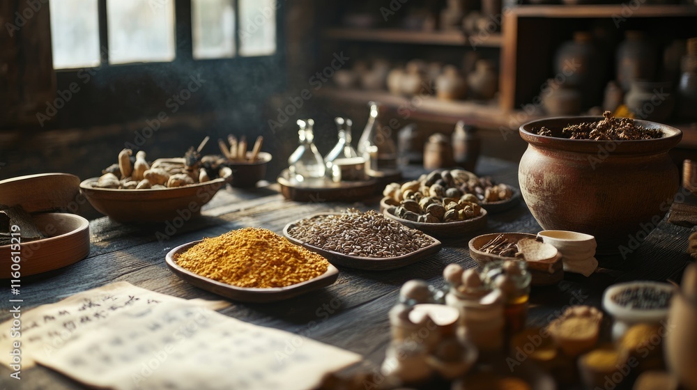 Rustic table in an ancient Chinese medicine shop with herbs, seeds, and healing materials, capturing the essence of traditional medicine.