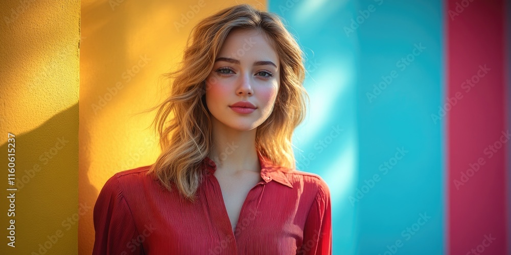 A person stands in front of a vibrant colored wall with various shapes and patterns A person stands in front of a vibrant colored wall with various shapes and patterns