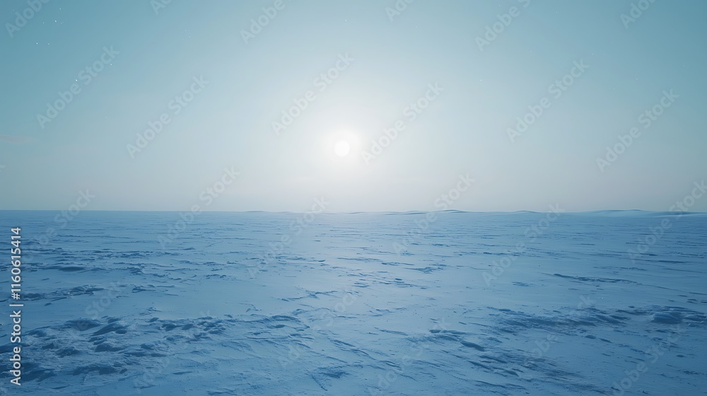 Obraz premium A large, empty, snowy field with a bright sun in the sky