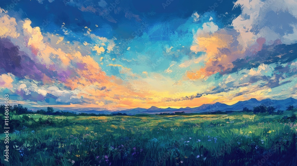 Obraz premium Serene field at sunrise, with vibrant colors in the sky and clear blue above, creating a peaceful outdoor landscape.