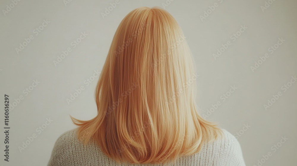 Naklejka premium Beautiful model girl with Blond hair strand,silky healthy wavy hair strand,hair wavy ribbon, with smooth,Keratin straightening,Treatment,straight long hair,procedures,Smooth hairstyle.