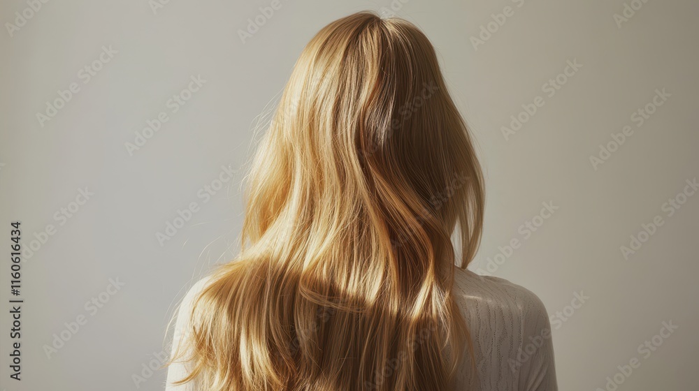 Naklejka premium Beautiful model girl with Blond hair strand,silky healthy wavy hair strand,hair wavy ribbon, with smooth,Keratin straightening,Treatment,straight long hair,procedures,Smooth hairstyle.