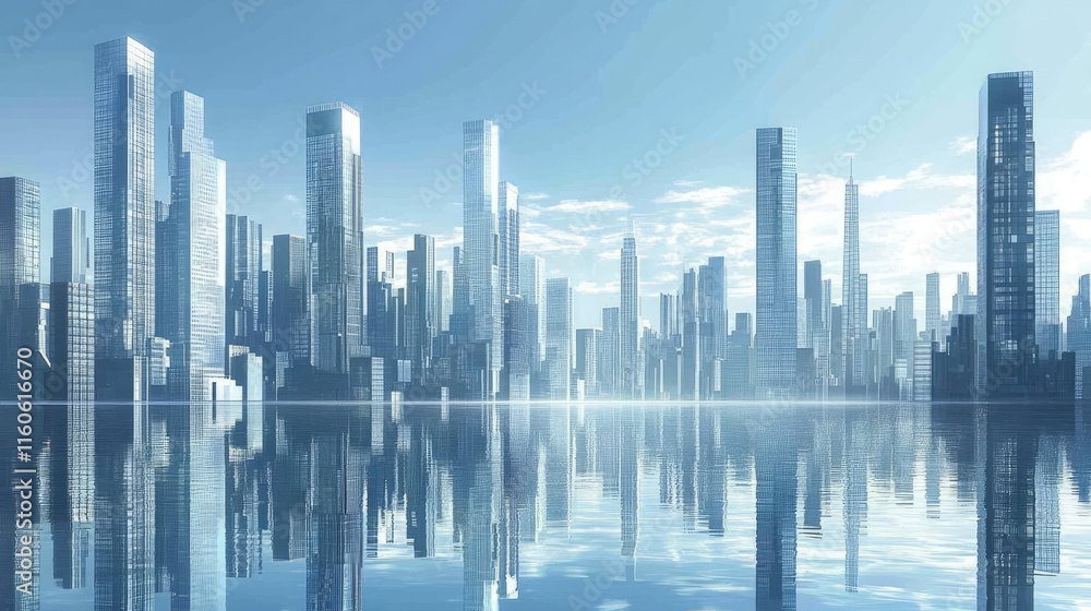 Obraz premium Sleek modern reflective skyscrapers towering over the city, showcasing business office buildings with a clear sky backdrop.