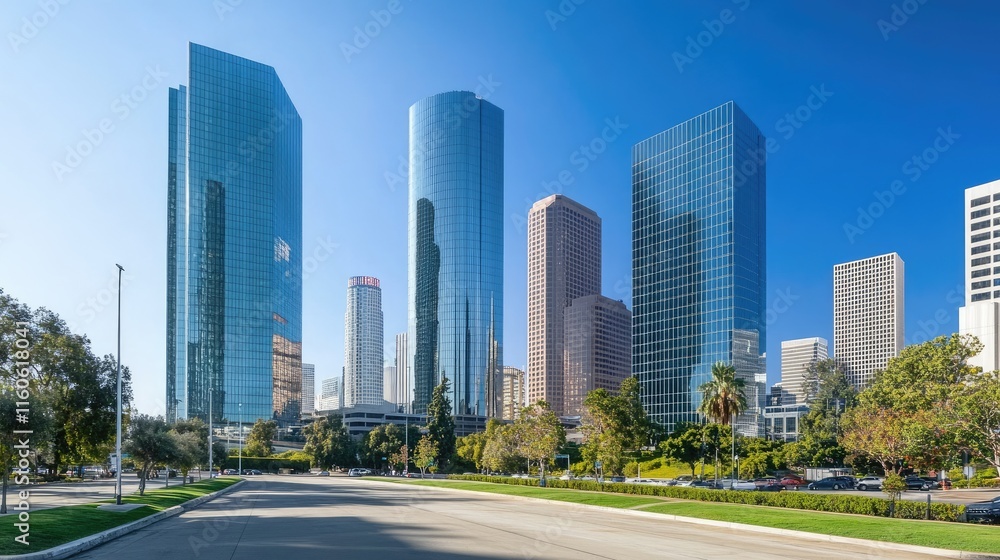 Stunning urban scene with shiny reflective skyscrapers and modern business office buildings under a cloudless sky. Stunning urban scene with shiny reflective skyscrapers and modern business office buildings under a cloudless sky.