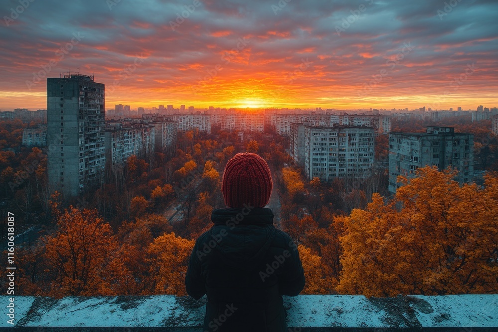 Fototapeta premium A person stands on a ledge gazing out at the setting sun