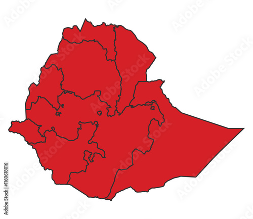 Ethopia Red map with border of regions outline vector photo