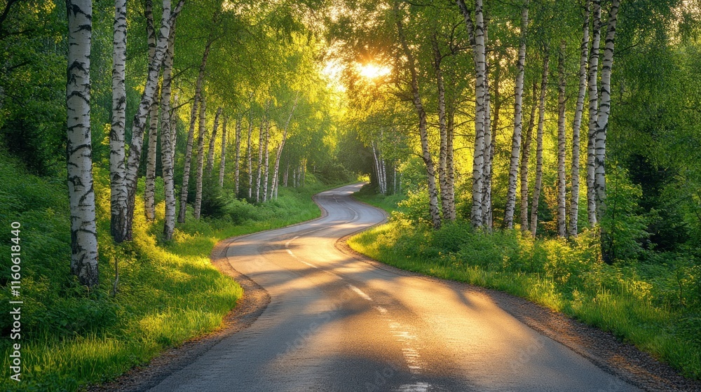 Obraz premium Winding road through sunlit birch forest.