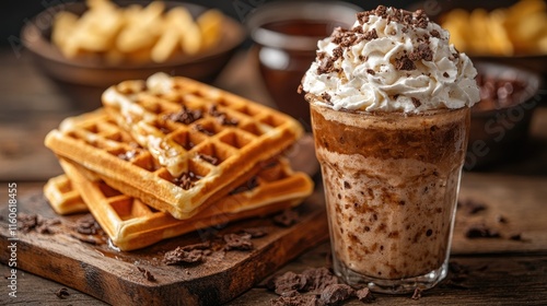 Delicious chocolate frappe with whipped cream and chocolate shavings served with waffles and honey.
