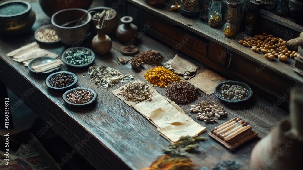 Various dried herbs, seeds, and medicinal materials spread across a rustic wooden table in an ancient Chinese medicine shop. Various dried herbs, seeds, and medicinal materials spread across a rustic wooden table in an ancient Chinese medicine shop.