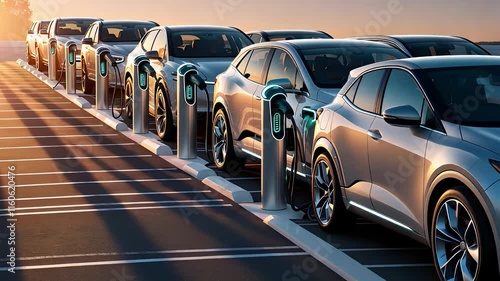 Row of Modern Electric Vehicles Charging at Station in Sunset Light, Highlighting Clean Energy and Sustainability

 photo