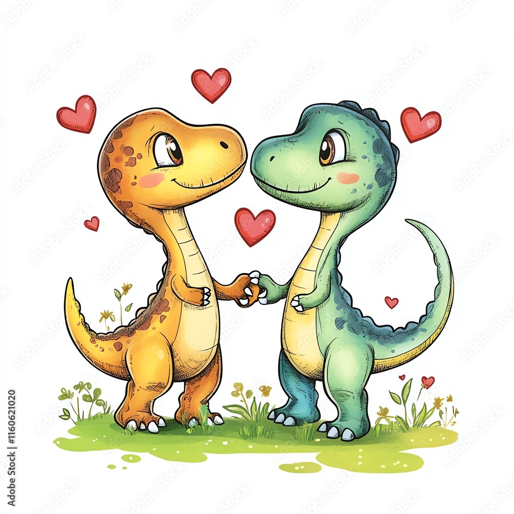 Fototapeta premium Cute cartoon dinosaurs in love, holding hands surrounded by hearts and greenery.