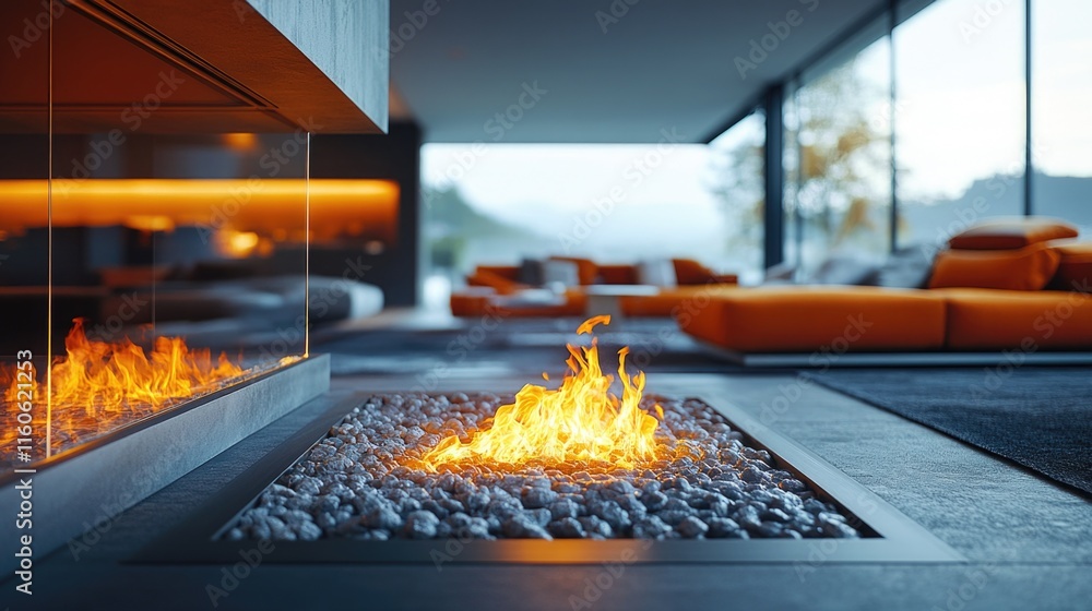 A warm and inviting living room scene featuring a fire pit as the centerpiece, perfect for cozying up on a chilly evening A warm and inviting living room scene featuring a fire pit as the centerpiece, perfect for cozying up on a chilly evening