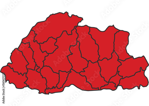 Bhutan Red map with border of regions outline vector