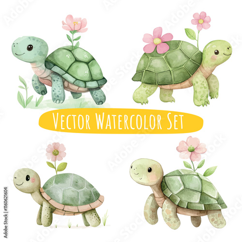 Cute Watercolor Turtles with Flowers & Leaves