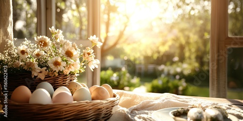 A bright spring still life with pastel Easter eggs, fresh flowers, and a wicker basket.