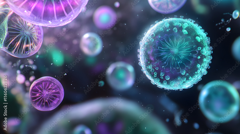 Microscopic view of beneficial bacteria thriving in a controlled environment. The scene symbolizes the importance of microbiome balance and its role in health. Microscopic view of beneficial bacteria thriving in a controlled environment. The scene symbolizes the importance of microbiome balance and its role in health.