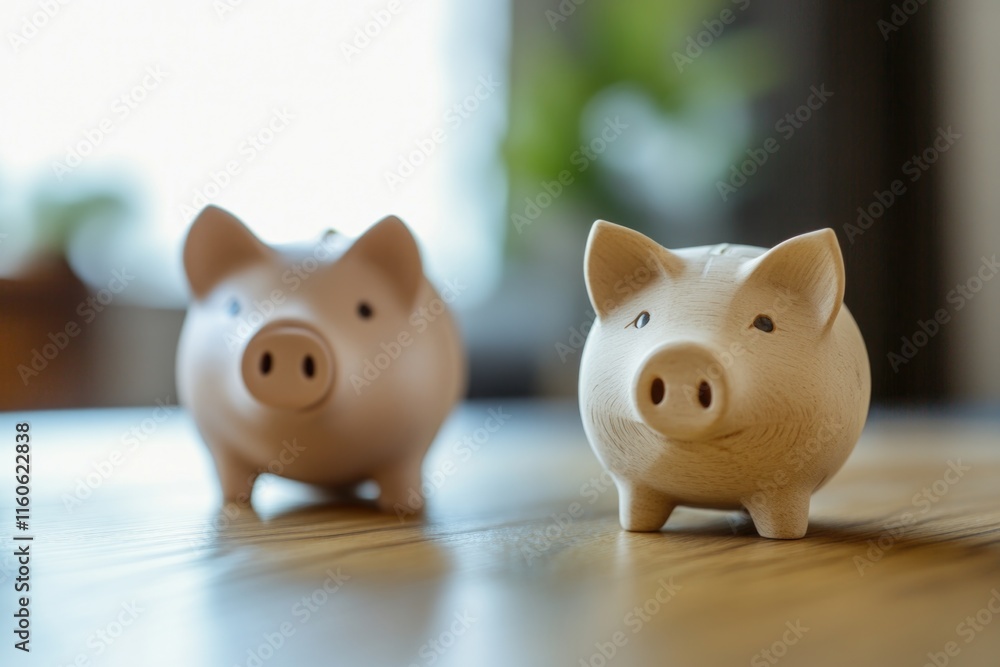 Obraz premium Two piggy banks sitting on a wooden table, ready for savings