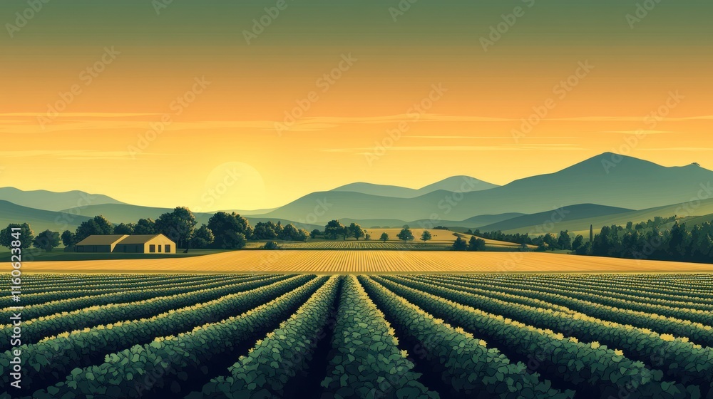 Sunset over vineyard rows, farmhouse, and mountains. Sunset over vineyard rows, farmhouse, and mountains.