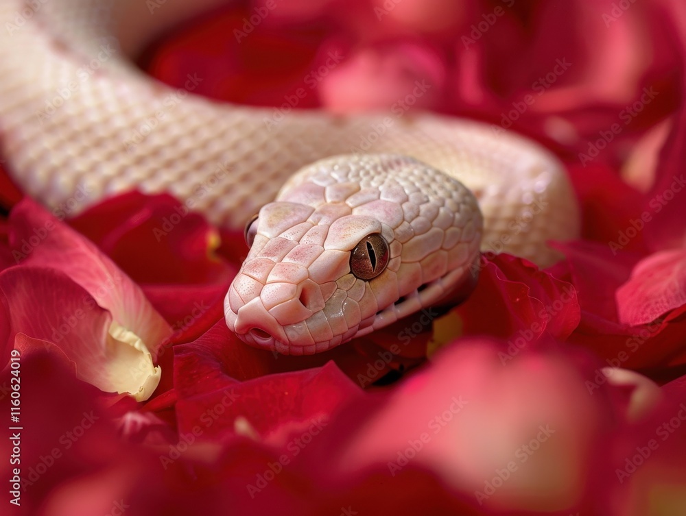Fototapeta premium Elegant Snake Gliding Over Soft Rose Petals in Gentle Light