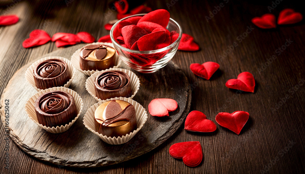 Chocolate Pralines with Red Hearts for Valentine's Day