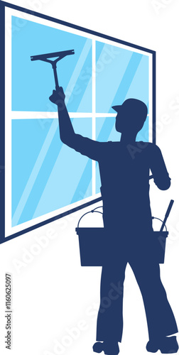 Washer man worker in uniform washing window