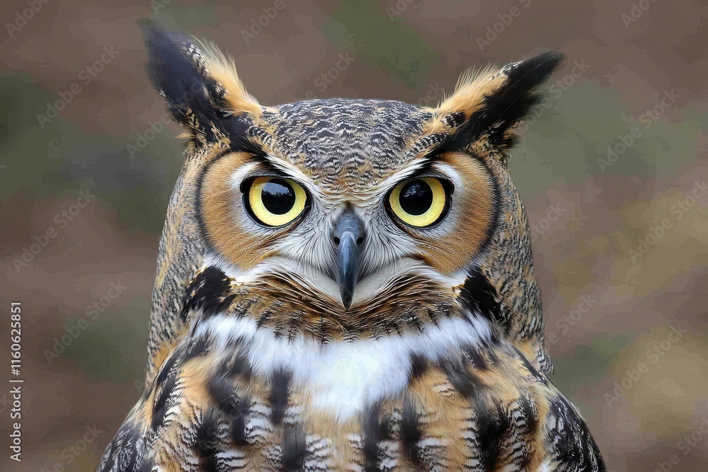 A great horned owl stands prominently, displaying its distinctive tufts and captivating yellow eyes. Natural background enhances the beauty of this majestic bird in clear daylight. A great horned owl stands prominently, displaying its distinctive tufts and captivating yellow eyes. Natural background enhances the beauty of this majestic bird in clear daylight.