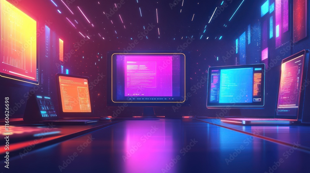 Neon-lit digital workspace with multiple screens displaying code. Neon-lit digital workspace with multiple screens displaying code.