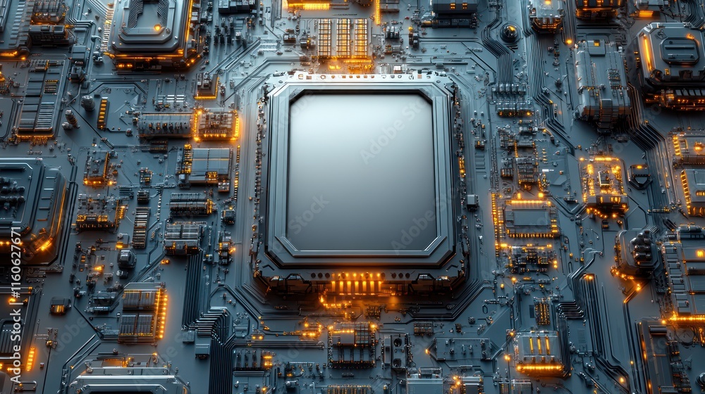 Futuristic Circuit Board: A High-Resolution 3D Render of a Technologically Advanced Microchip Futuristic Circuit Board: A High-Resolution 3D Render of a Technologically Advanced Microchip