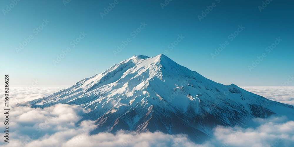 A snow capped mountain peak under clear blue skies, captured from a drone s perspective. A snow capped mountain peak under clear blue skies, captured from a drone s perspective.