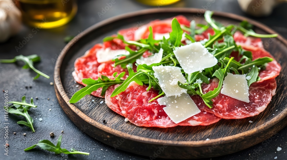 A delicate plate of beef carpaccio garnished with arugula A delicate plate of beef carpaccio garnished with arugula