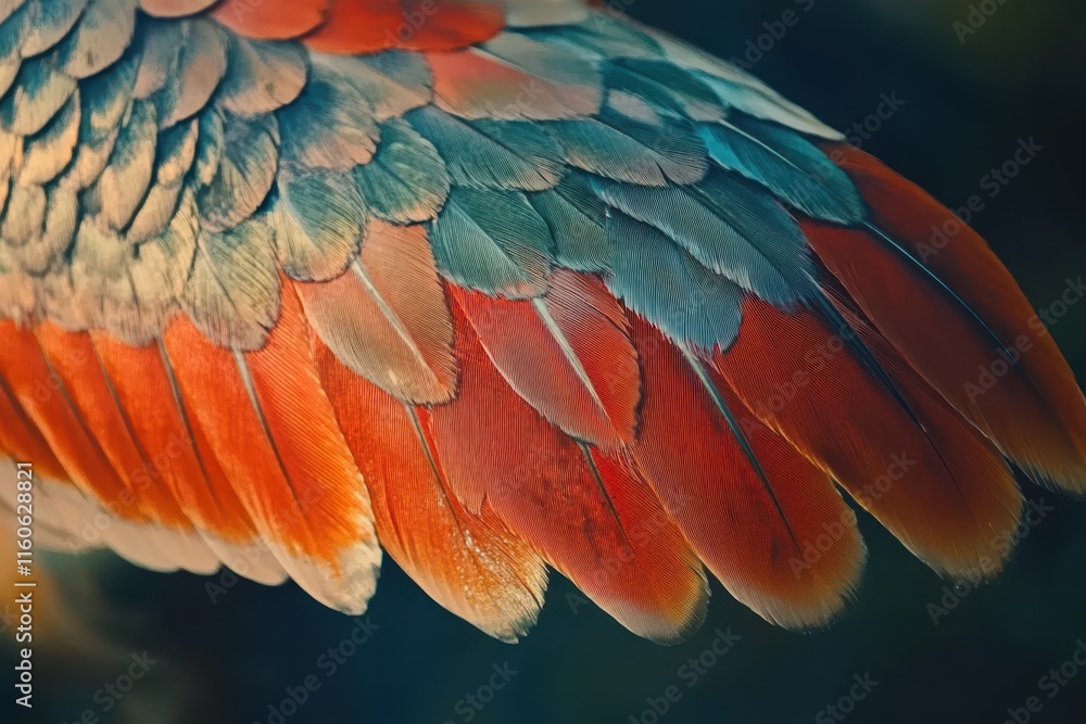 Fototapeta premium Close-up view reveals the stunning details of bird feathers, showcasing a blend of vibrant colors and intricate patterns that highlight the beauty of nature.