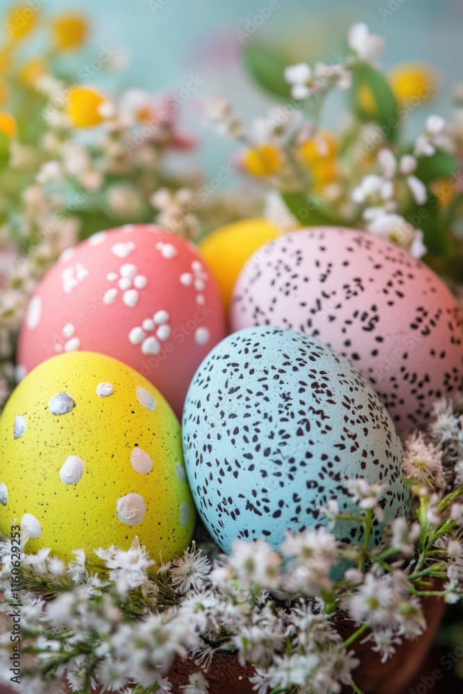 A colorful Easter egg basket filled with eggs and flowers, perfect for springtime decorations or gift-giving A colorful Easter egg basket filled with eggs and flowers, perfect for springtime decorations or gift-giving