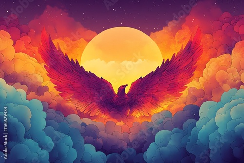 Majestic phoenix soaring amidst vibrant sunset clouds and a large moon.