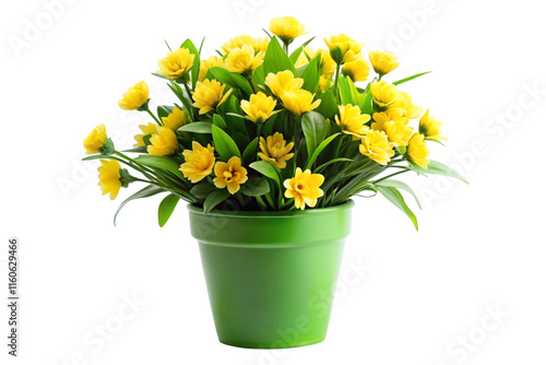 Beautifully crafted artificial yellow blossoms in a bright green pot, ideal for modern home and office decor accents photo