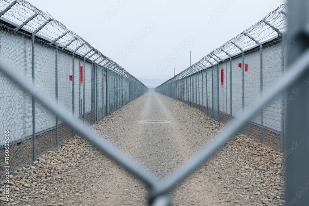 Security fencing and storage units create a stark pathway in a desolate area under gray skies Security fencing and storage units create a stark pathway in a desolate area under gray skies