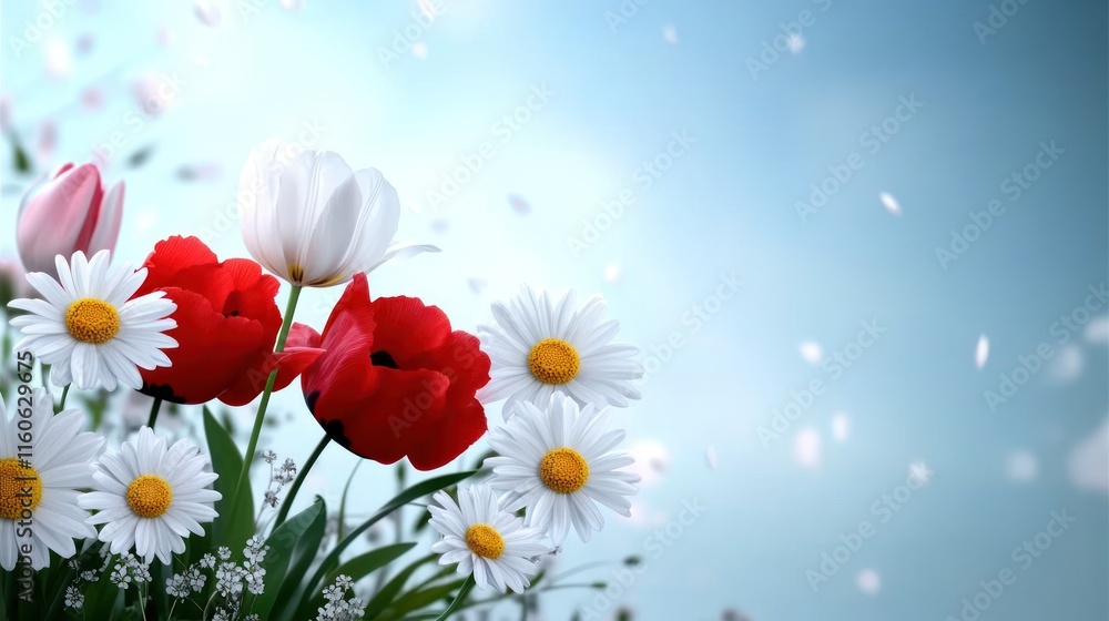 Obraz premium A vibrant bouquet of flowers against a soft blue background.