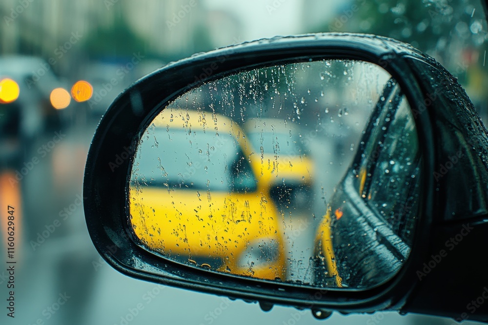 Captivating Close-Up of a Rainy Day Car Side Mirror with Blurred Background and Dynamic Raindrops Capturing the Essence of Speed and Motion in Urban Traffic Captivating Close-Up of a Rainy Day Car Side Mirror with Blurred Background and Dynamic Raindrops Capturing the Essence of Speed and Motion in Urban Traffic