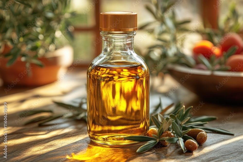 A bottle of olive oil sitting on a table A bottle of olive oil sitting on a table