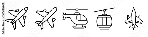 Line Icons of Aircraft and Aerial Transport - Minimalistic line icons showcasing aerial transportation, including airplanes, helicopters, cable cars, and a fighter jet for versatile design use.