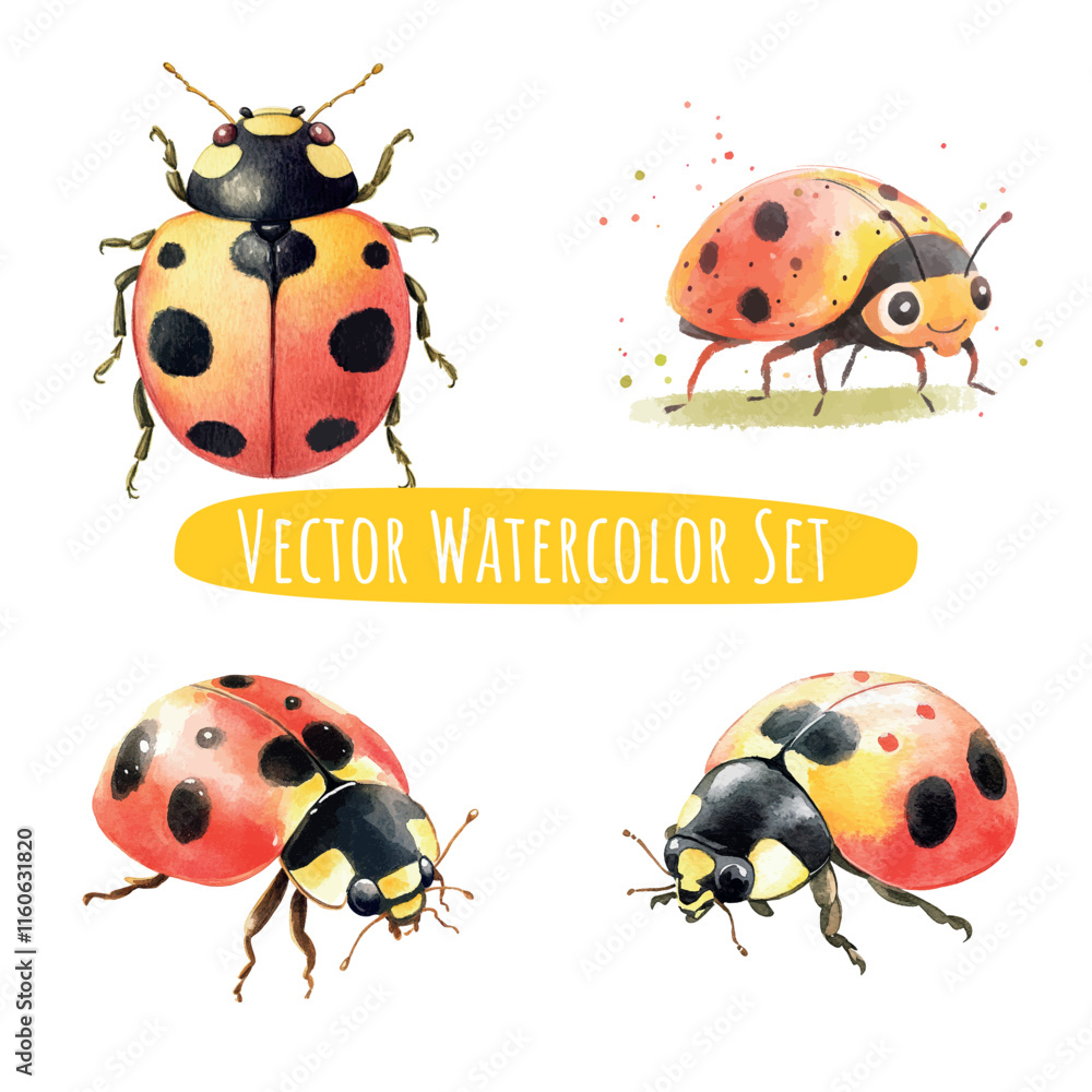 Fototapeta premium Whimsical Watercolor Ladybugs Set of Four