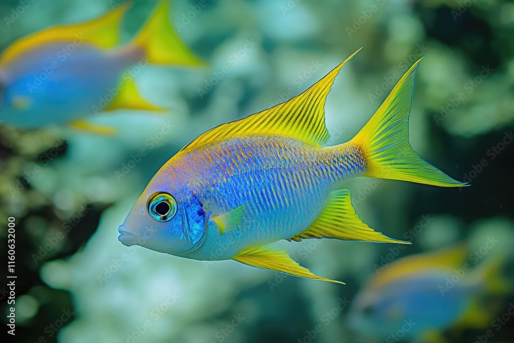 A colorful fish swims in a transparent aquarium A colorful fish swims in a transparent aquarium